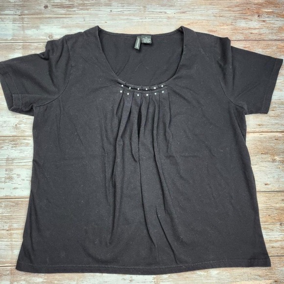 Jason Maxwell Women's Black Short Sleeve Tee Pleated Front Crystals Size XL - Picture 1 of 3